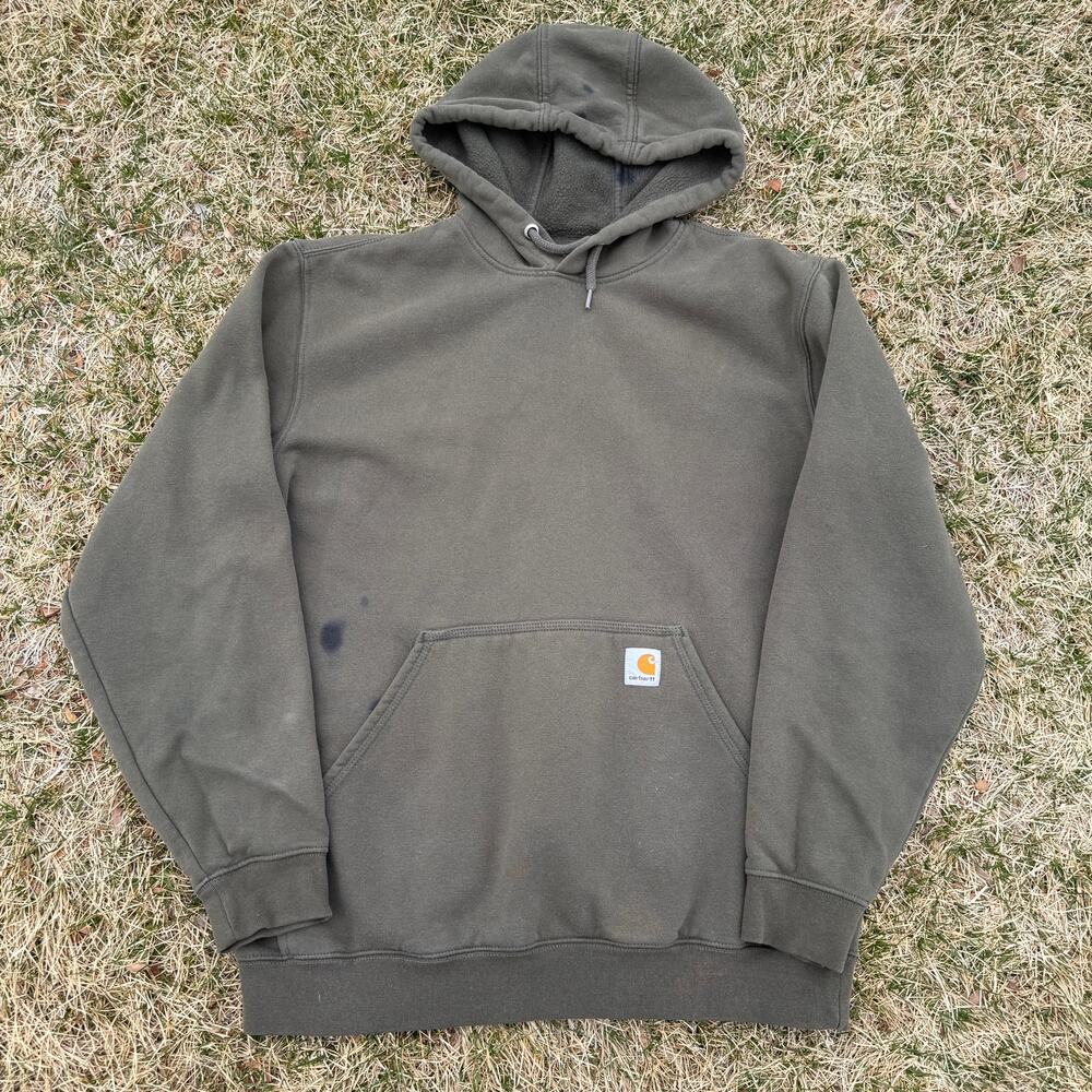 Men's Carhartt Green Brown Midweight Fleece Work Hoodie Pullover Sweatshirt Sz M